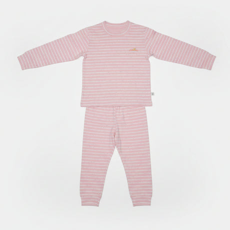 Pink and white stripe kids pyjama set on a white background, long sleeve top with cuffed bottoms