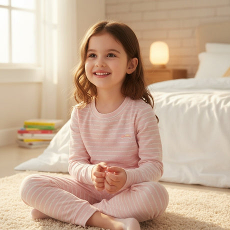 Girl sitting cross legged on a bedroom rug in a pink and white stripe pyjama set
