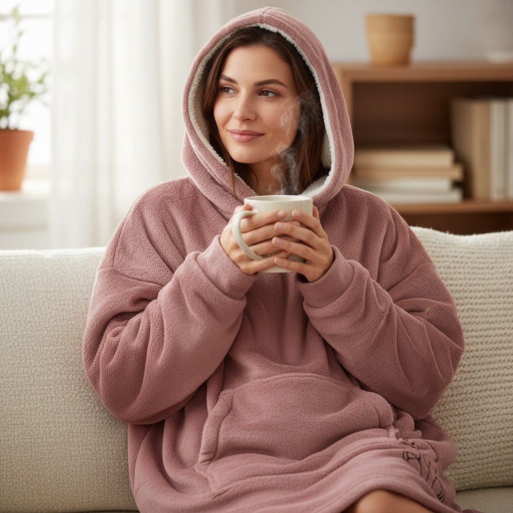 Blush pink hooded blanket worn with the hood up while holding a mug on a sofa