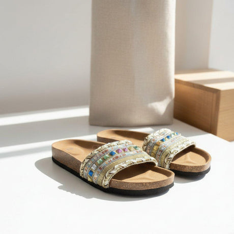 Cork sandals in bright window light, band beaded in blue, pink, green and yellow