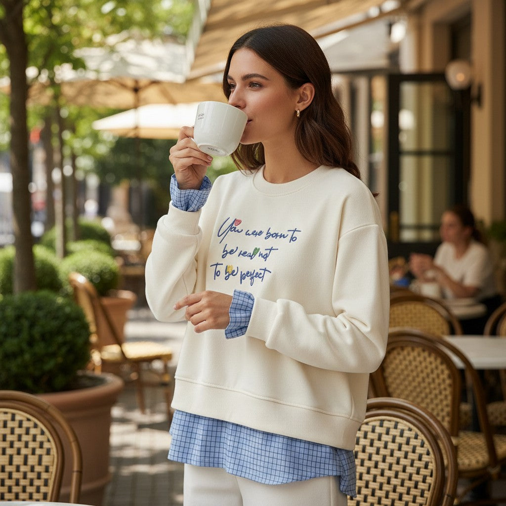Off white slogan sweatshirt with checked cuffs worn at a pavement cafe
