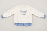 Cream crew neck sweatshirt laid flat with blue embroidered script and gingham trim