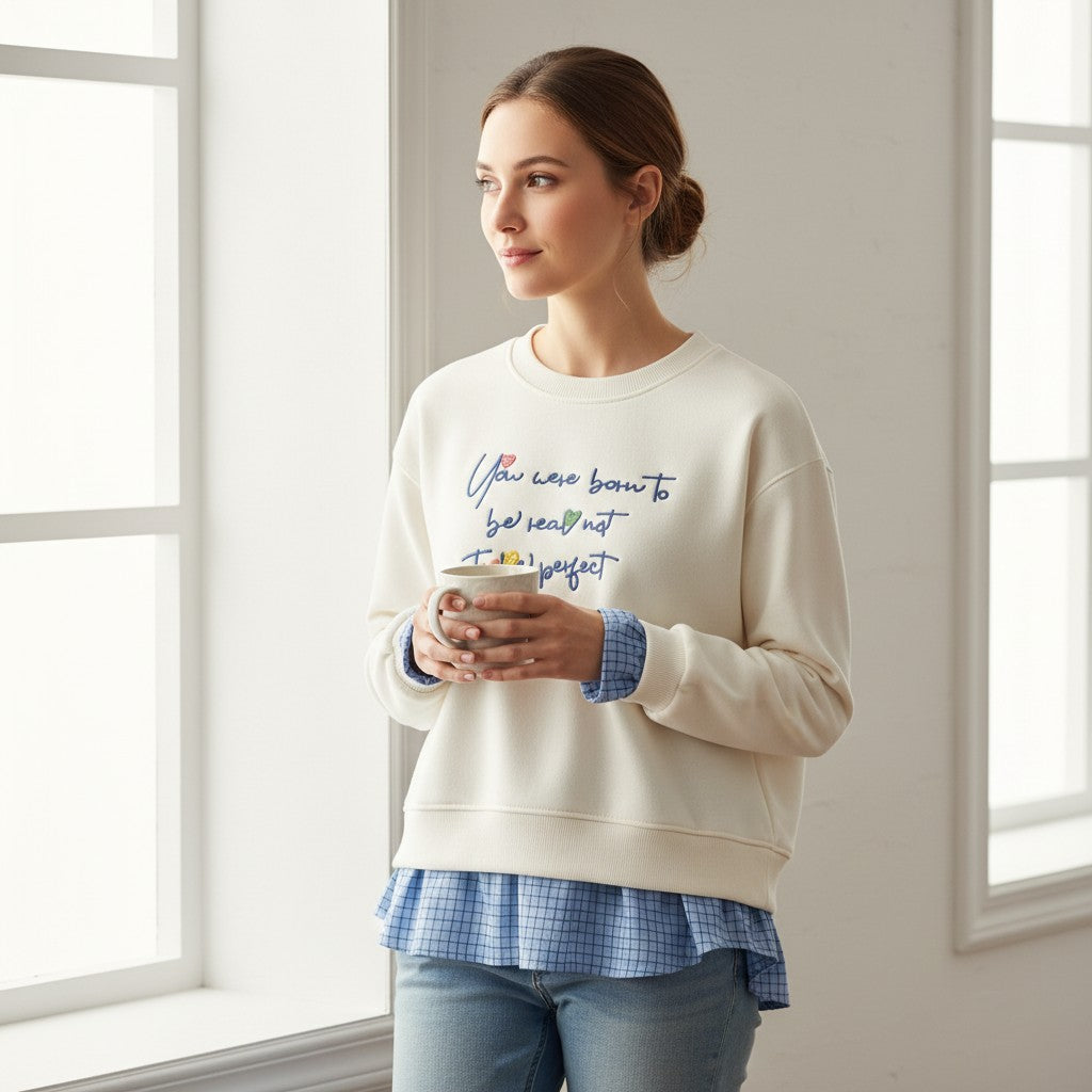 Woman by a bright window in an ivory layered sweatshirt holding a mug