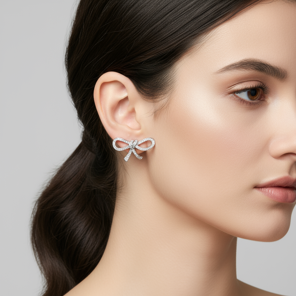Close-up of a woman wearing a silver bow-shaped earring against a neutral background
