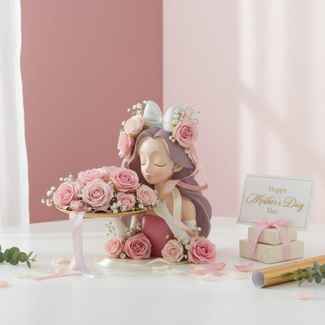 Lavender haired figure whose gold tray has been dressed with roses and gypsophila
