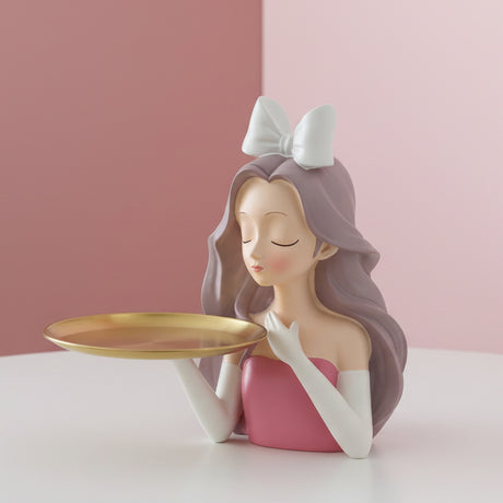 White bow on her head and a bare gold tray held out on one gloved arm
