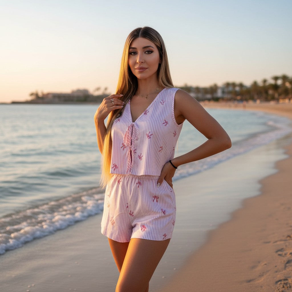 Pink bow stripe tie front vest and shorts set, beach wear, Jack Gifts Lebanon