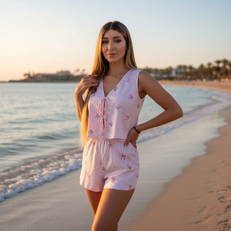 Pink bow stripe tie front vest and shorts set, beach wear, Jack Gifts Lebanon