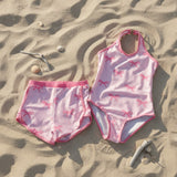 Pink bow stripe girls swimsuit with matching swim shorts