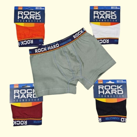 Sage cotton boxer shorts for boys shown with four packaged colour options