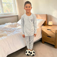 Boys grey marl long sleeve pyjama top with striped bottoms and football slippers