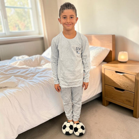 Boys grey marl long sleeve pyjama top with striped bottoms and football slippers