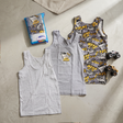 Three boys grey cotton vests with off road truck graphics and graffiti lettering