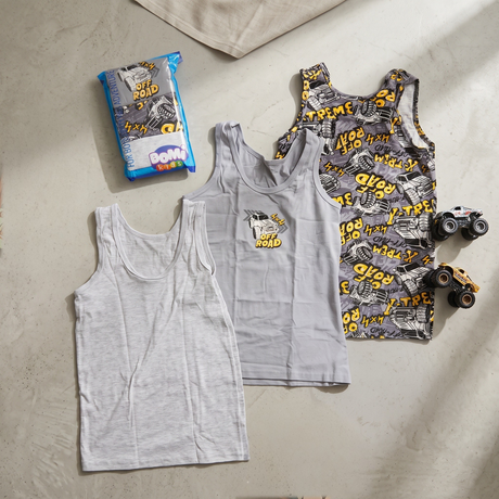 Three boys grey cotton vests with off road truck graphics and graffiti lettering