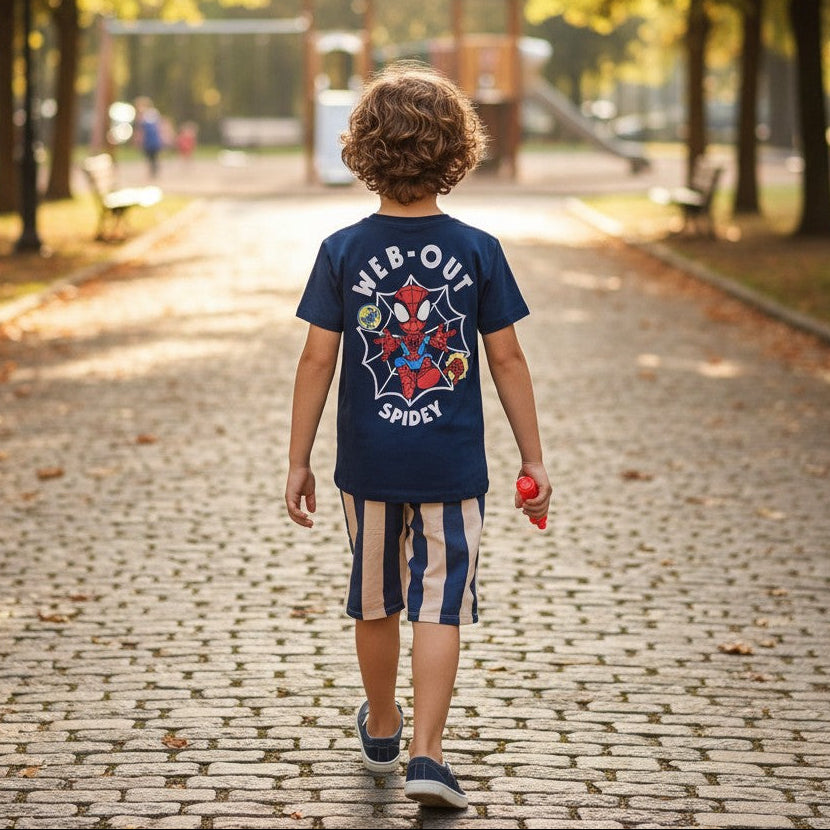 Child wearing a Spider-Man t-shirt walking on a paved path in a park.