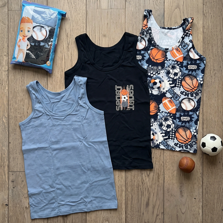 Three boys cotton vests in light blue, black and an all over sports ball print