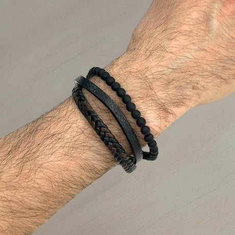 Black bead, braided leather and flat leather bracelet set worn together, Jack Gifts Online Lebanon