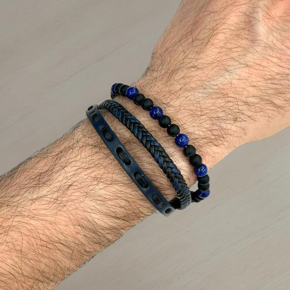 Navy leather, blue lapis beads and a studded strand bracelet stack, Jack Gifts Online Lebanon
