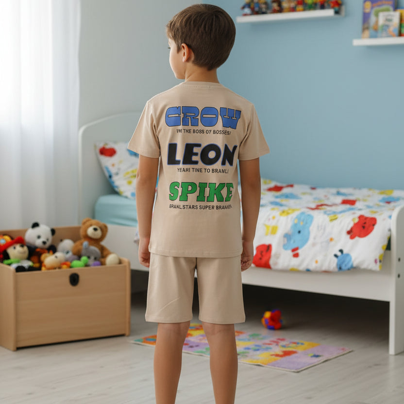 Back view of a beige boys set showing the Brawl Stars character names printed on the tee