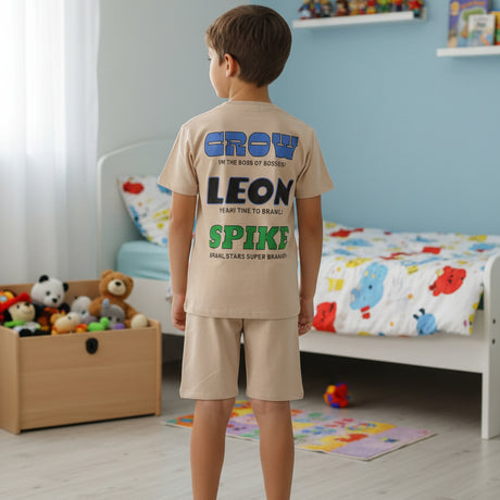 Back view of a beige boys set showing the Brawl Stars character names printed on the tee