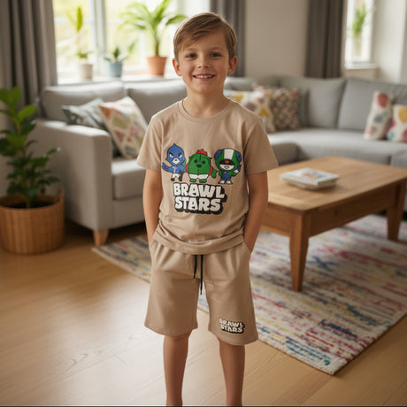 Beige boys set with a Brawl Stars characters tee and matching drawstring shorts, worn indoors