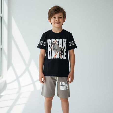 Boys black tee with a Break Dance print and taupe grey shorts, two piece boys set