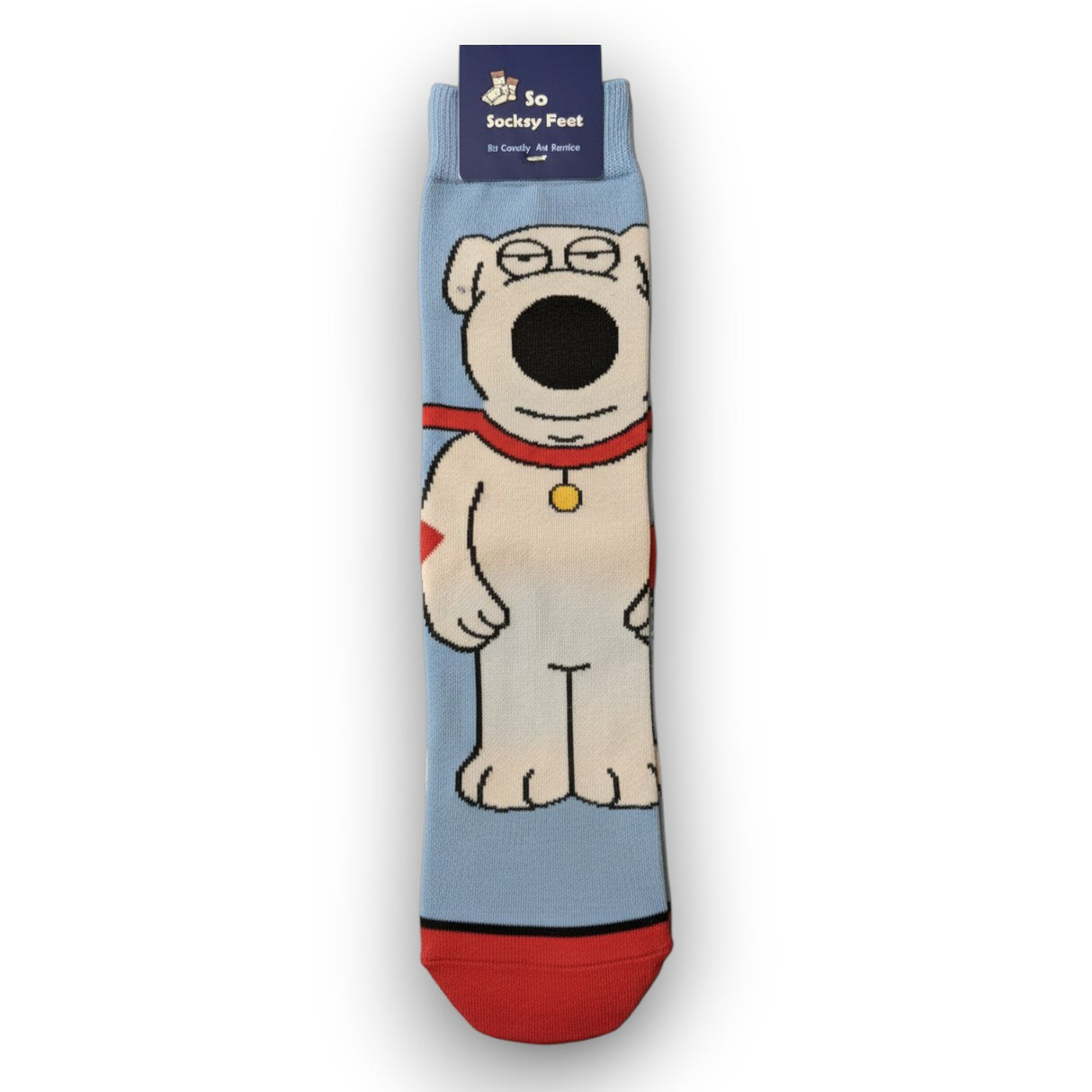 Single light blue kids sock laid flat showing a white dog with a red collar and gold tag