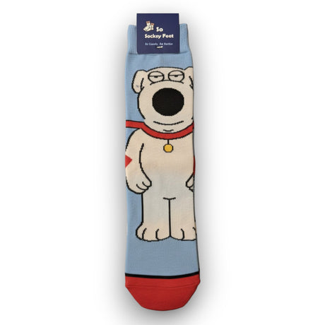 Single light blue kids sock laid flat showing a white dog with a red collar and gold tag