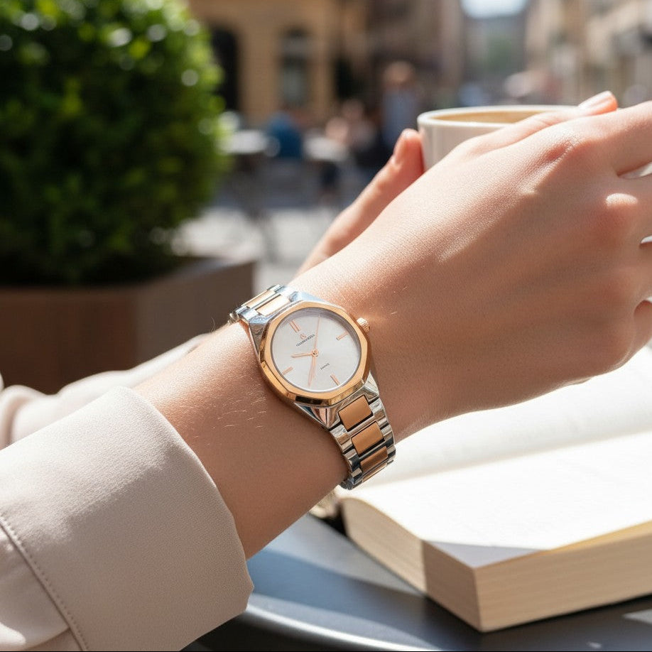 Women's bronze dual tone watch with silver links and white dial, Jack Gifts Online Lebanon