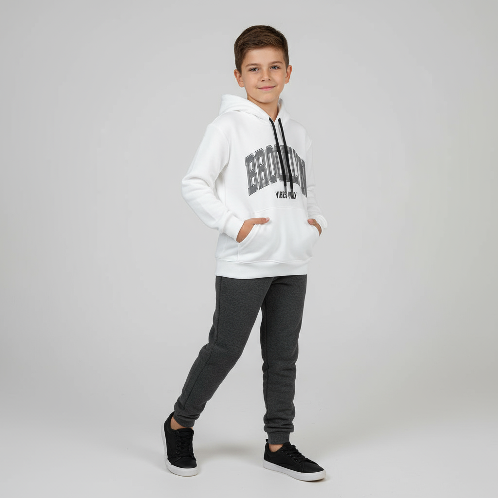 White varsity print hoodie and grey jogger set shown flat for boys