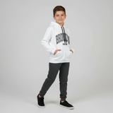 White varsity print hoodie and grey jogger set shown flat for boys