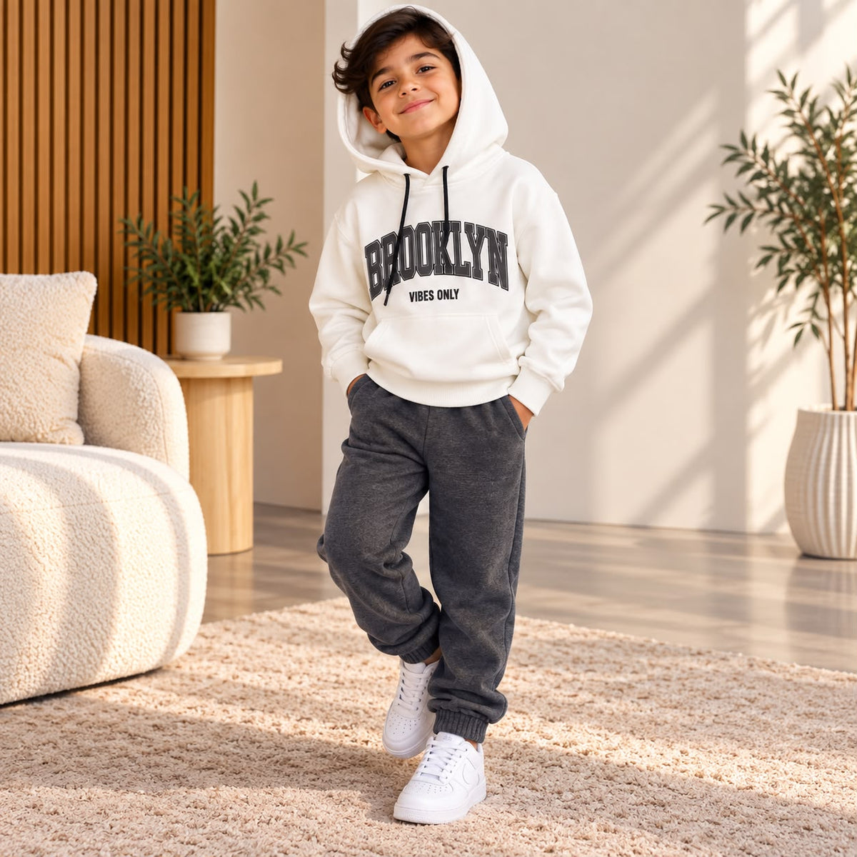 Brooklyn hoodie worn with charcoal joggers and white trainers, standing pose