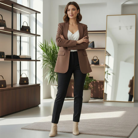 Woman wearing a brown blazer and black pants in an indoor setting with shelves and plants
