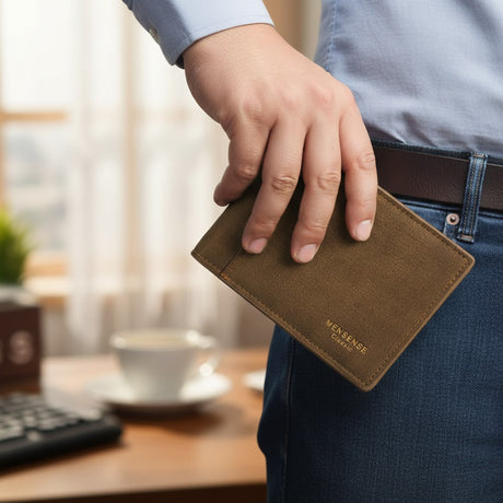 Brown canvas bifold wallet held at the back pocket with gold logo stamp