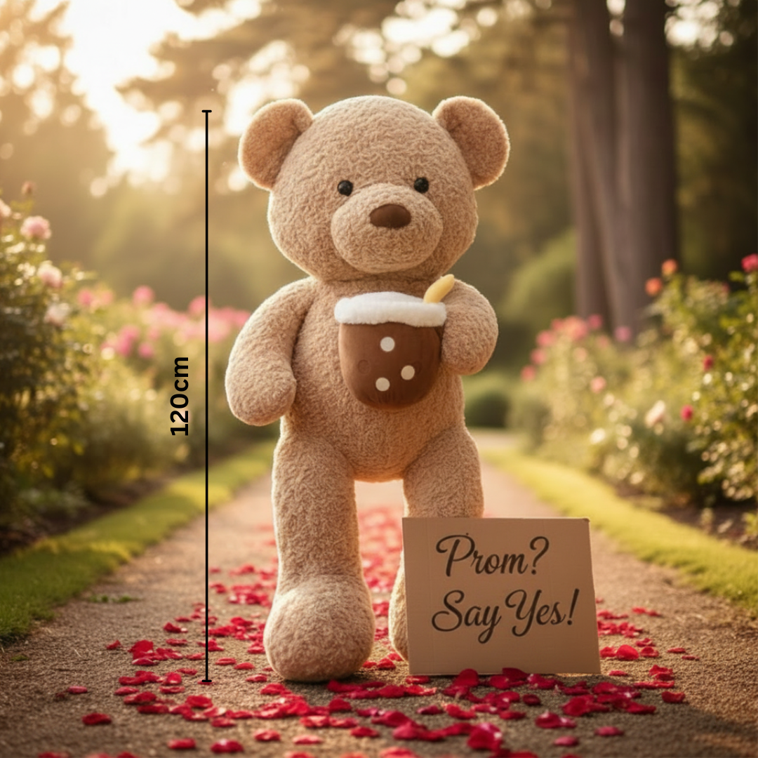 Tan curly teddy bear with a boba cup plush on a rose petal garden path