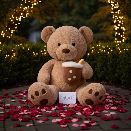Caramel teddy bear seated with a boba cup plush, showing its darker paw pads