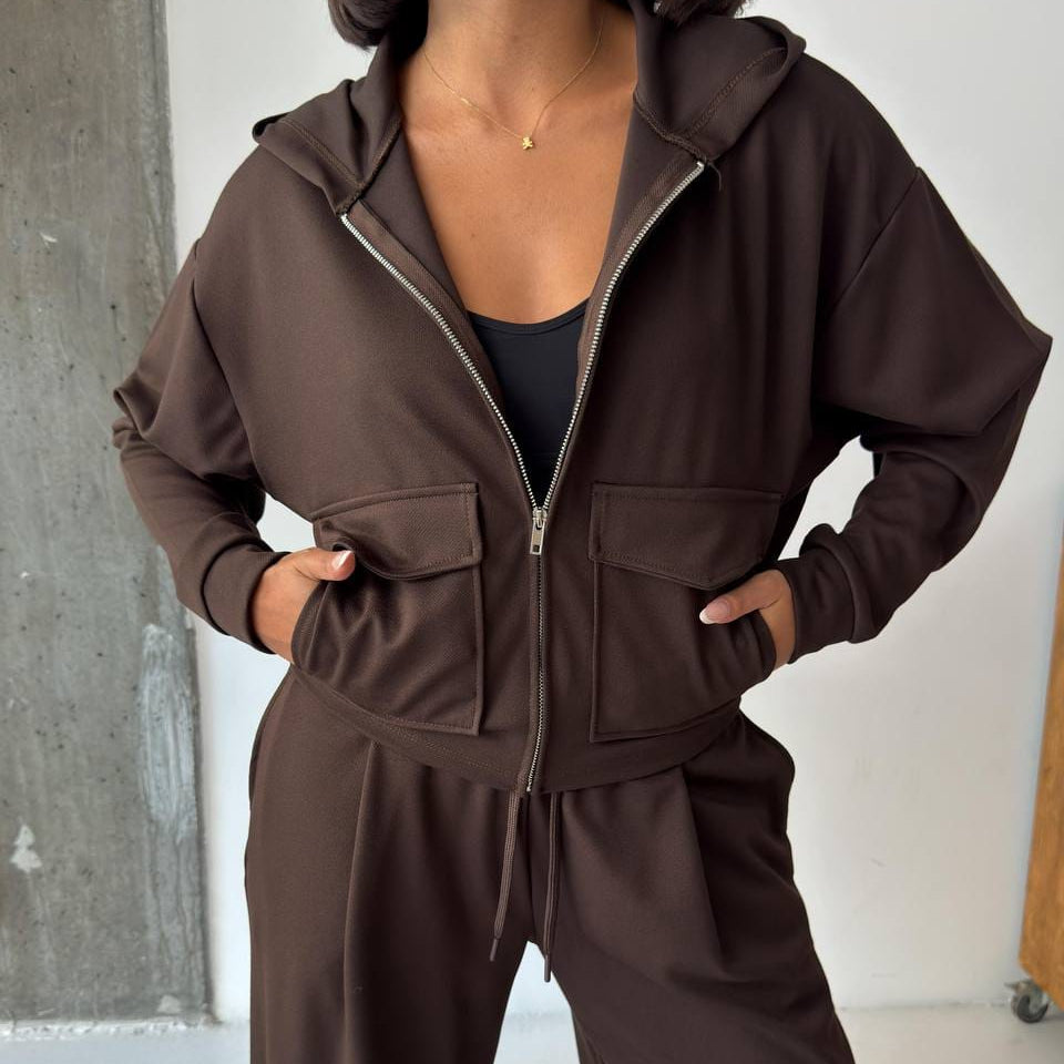 Women's chocolate brown zip hoodie with flap pockets and matching wide leg trousers