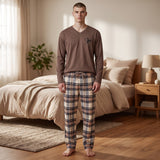 Men's brown V neck pyjama top with long sleeves and checked pyjama bottoms