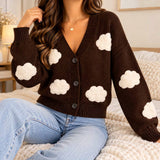 Chocolate brown V neck knit cardigan with fluffy cream cloud patches and button front