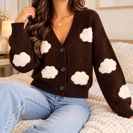 Chocolate brown V neck knit cardigan with fluffy cream cloud patches and button front