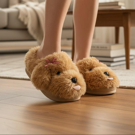 Brown plush puppy slippers with a pink tongue worn on a patterned rug