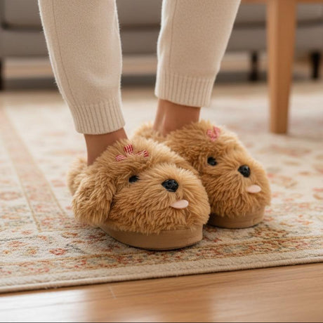 Kids brown shaggy puppy slippers with a gingham bow, Jack Gifts Online Lebanon