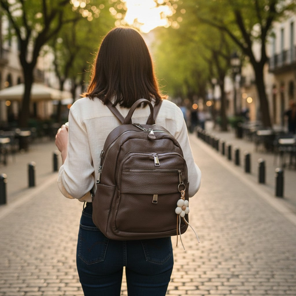 Brown pebbled double zip backpack with flower charm, Jack Gifts Online Lebanon