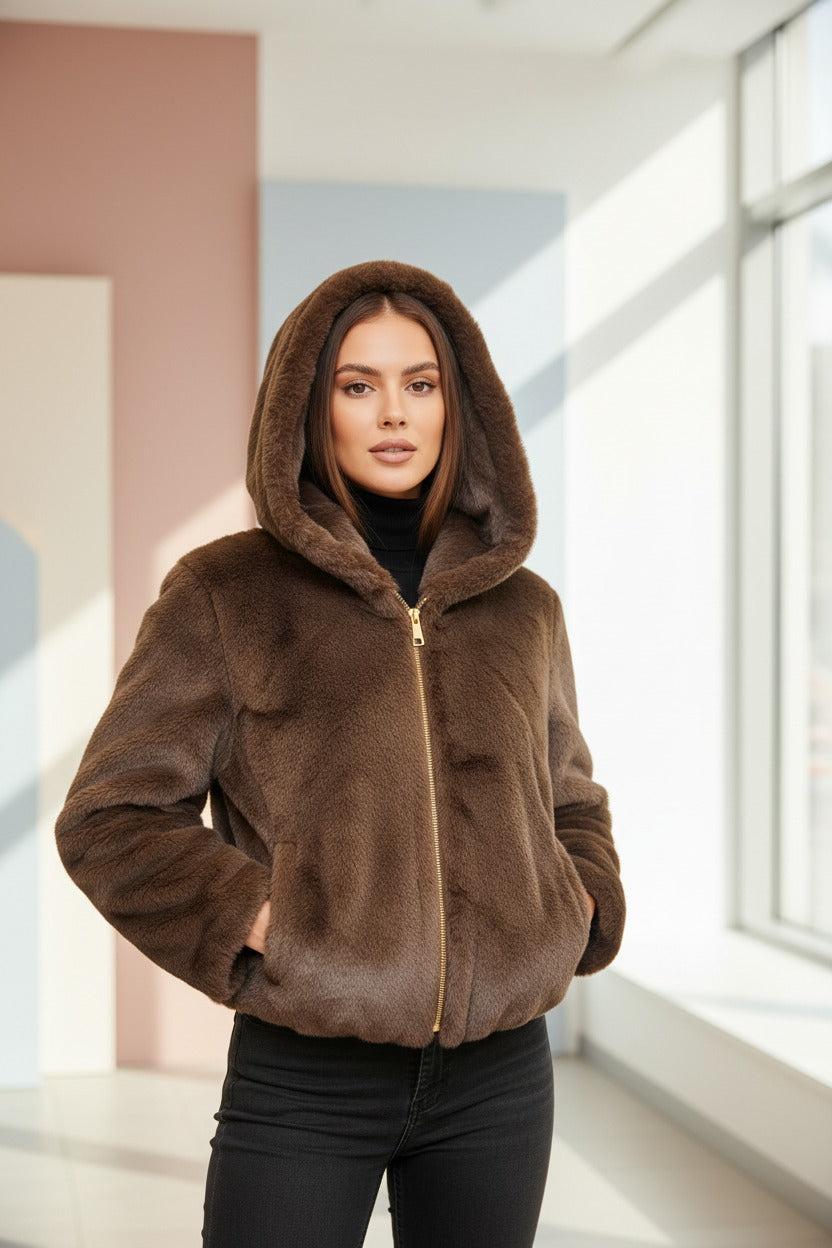Women's brown faux fur hooded jacket, warm casual winter look, Jack Gifts Online Lebanon