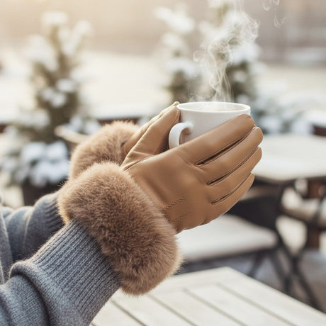 A person wearing brown leather gloves with a fluffy brown fur trim holding a steaming white mug outdoors