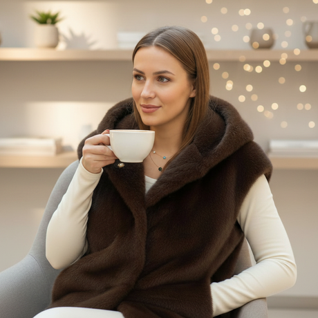 Holding a coffee cup in a chocolate brown fur vest at a cafe