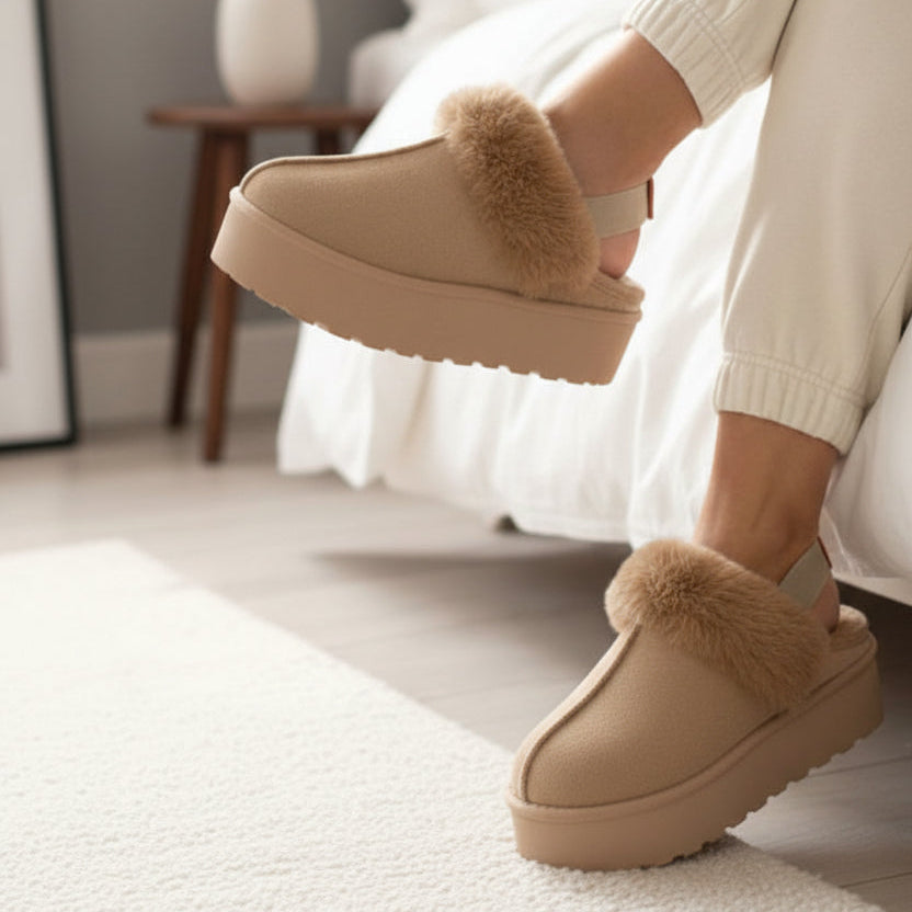 Brown fuzzy slippers with fur trim worn by a person sitting on a bed.