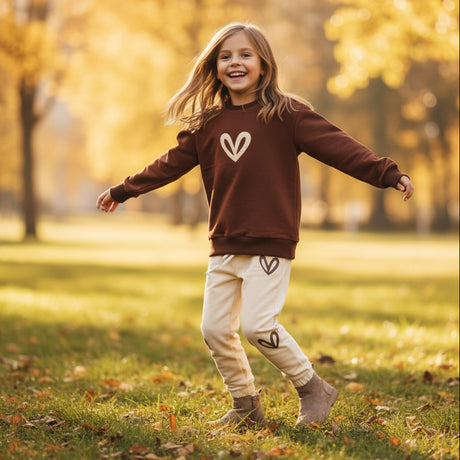 Child running outdoors in the brown and cream heart lounge set