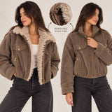 Brown herringbone jacket shown with and without its removable sherpa collar