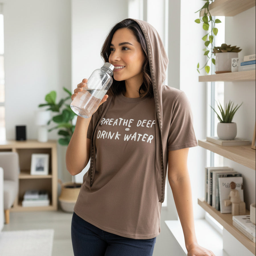 Woman wearing a brown hydration tshirt and holding a water bottle with text in a bright room